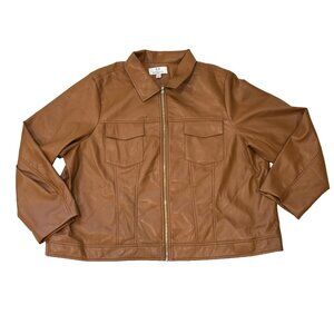 Magaschoni Women Faux Leather Jacket 3X Plus Size Tan Zip Front Moto Coat